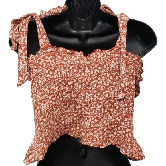 Dizzy Lizzy Smocked Crop Top Women's XL Rust‎ Orange White Floral Tie-Straps NEW - Picture 3 of 11
